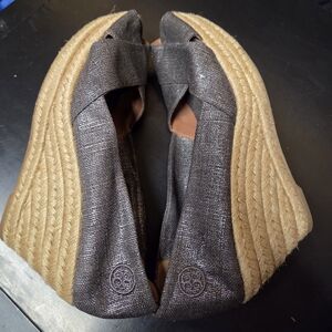 Tory Burch Metallic Filipa Canvas Espadrille Wedges Heels -Size 8.5
